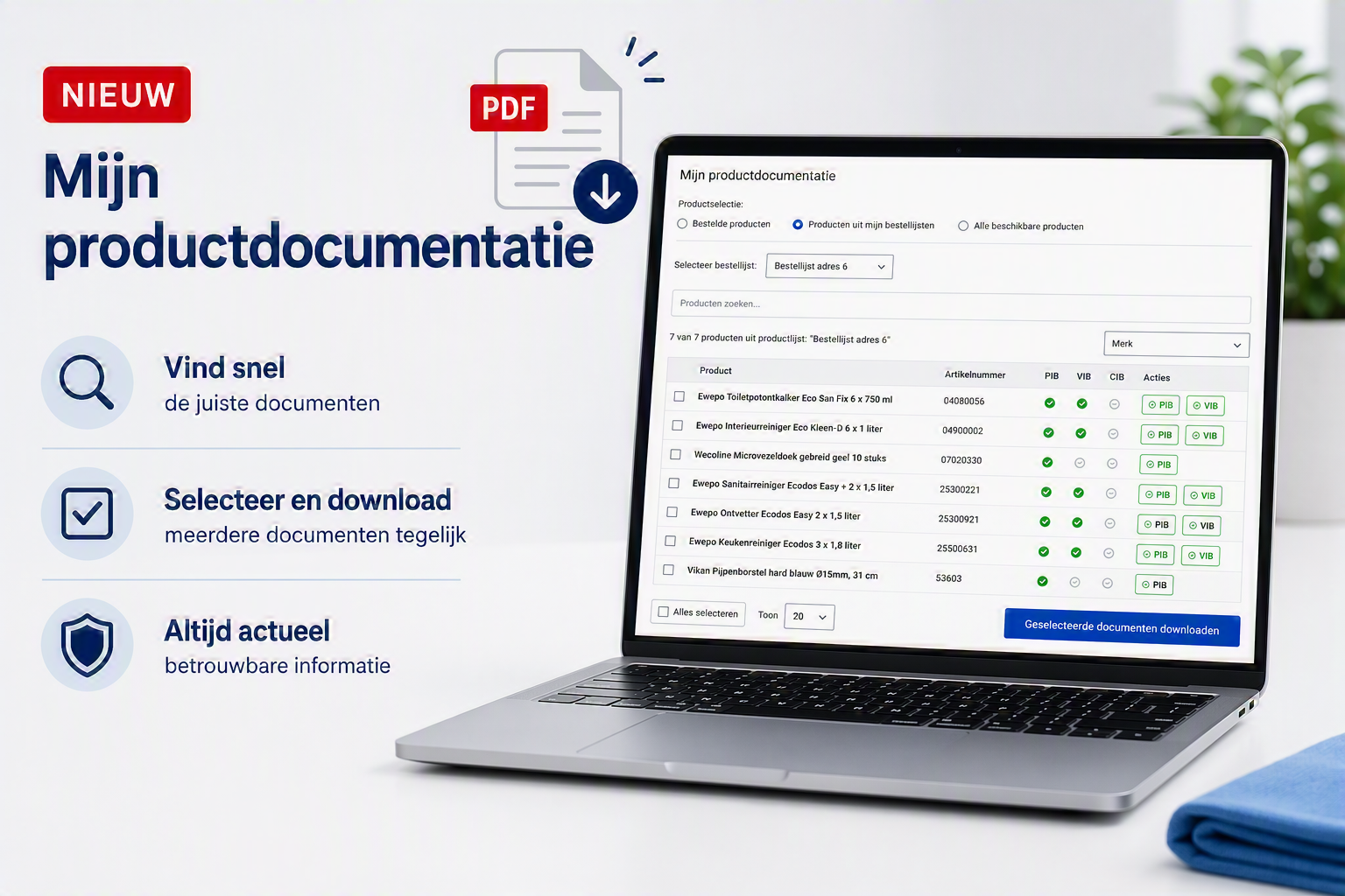 Mijn productdocumentatie pagina achter de inlog.