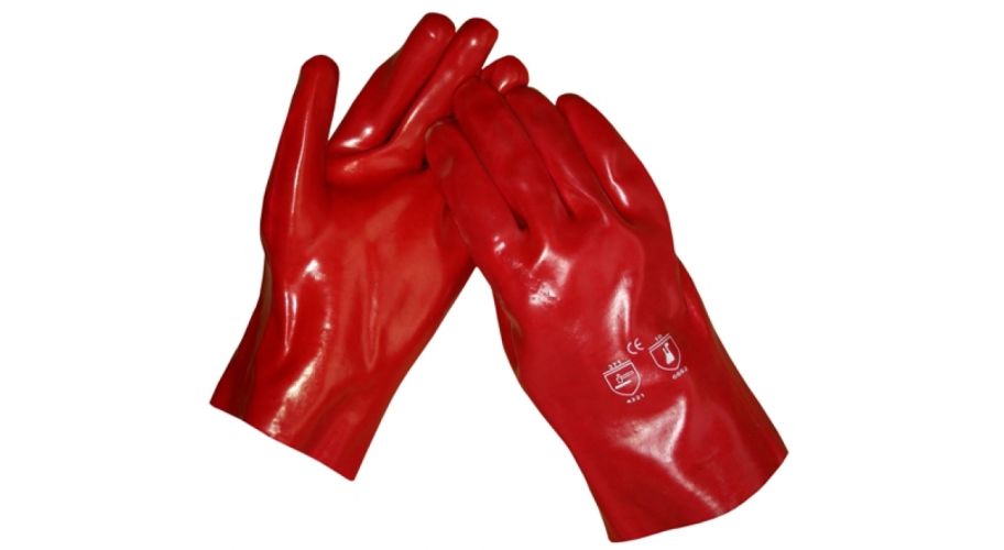Werkhandschoen pvc rood lengte 35 cm.